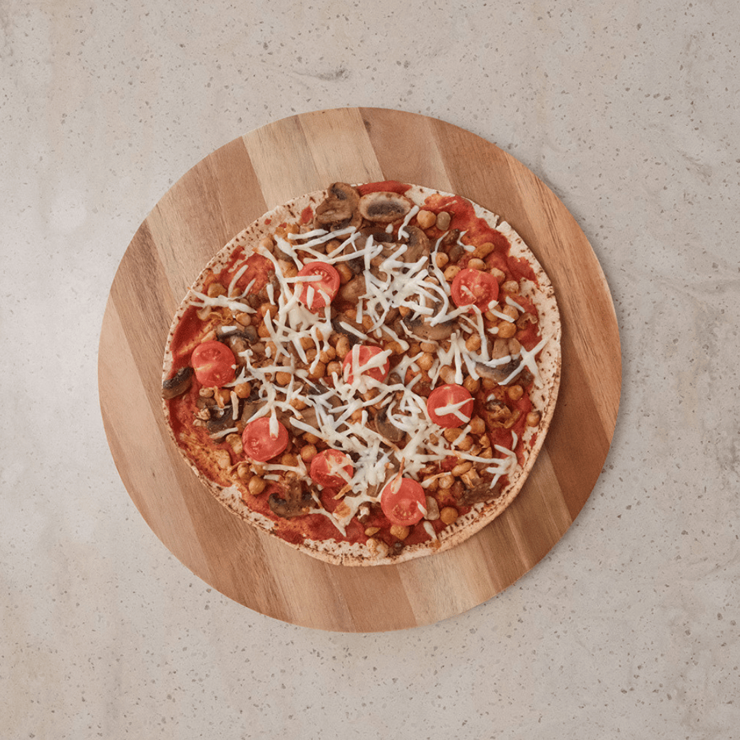 Wholemeal wrap pizza with mushrooms and beans