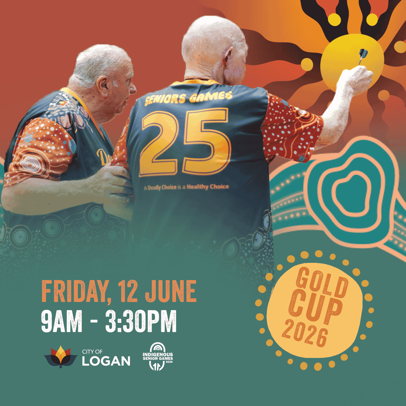 Deadly Choices Indigenous Seniors Games Gold Cup 2026 featured image showing two older participants playing darts, with event time Friday 12 June, 9am to 3.30pm.