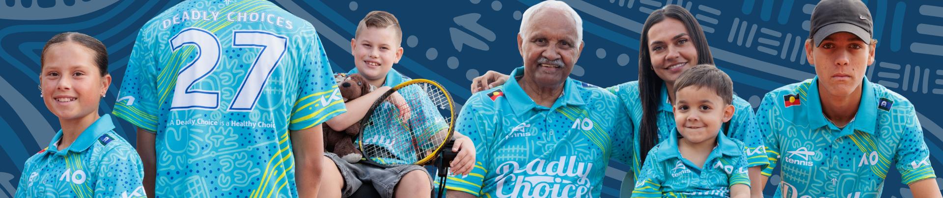 Community members in Deadly Chocies Australian Open 2027 shirts. 